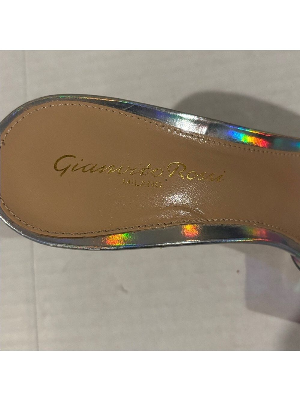 Gianvito Rossi Elle 105 Silver Iridescent and Foil Leather Plexi Mules-36 Euro - Picture 6 of 8